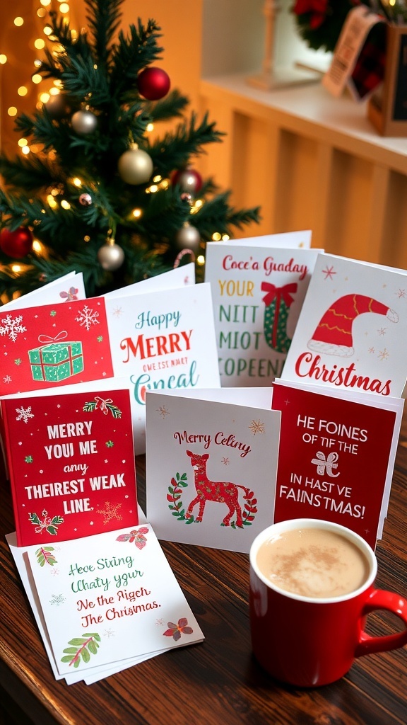 A variety of Christmas cards with funny quotes on a table, surrounded by holiday decorations and a cup of cocoa.